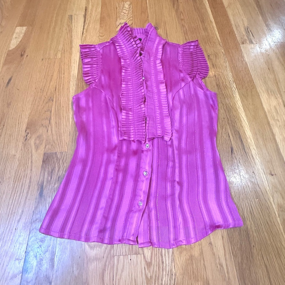 Sele Magenta Pink Ruffle Peplum Blouse Sleeveless Metallic Stripe Sz S